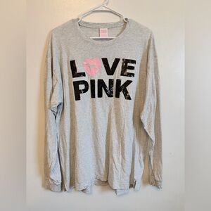 NWOT PINK Victoria's Secret Gray Long-Sleeve 'LOVE PINK' Sequin Tee